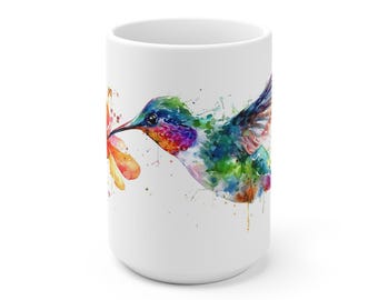 Mok met kolibrie en aquarelprint, een kleurrijk cadeau met vogelmotief.