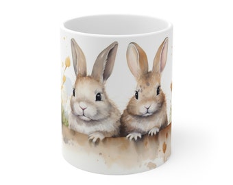 White coffee mug with watercolor rabbit mug motif. Creative mug gift for animal lovers