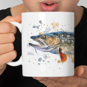 Pike watercolor mug - powerful fish motif mug - 330ml/440ml for anglers and nature enthusiasts