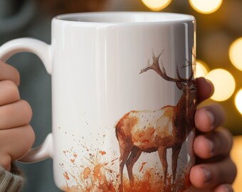 Watercolor Deer Mug - Ceramic, Microwaveable, 330ml/440ml, Majestic Forest Motif