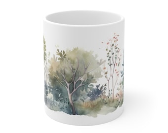 Koffiemok met bosmotief, aquarelprint, bedankje, koffiemok met bosmotief