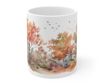 Taza de cerámica blanca - Árboles de hoja caduca otoñales en estilo acuarela - Inspiración natural de temporada