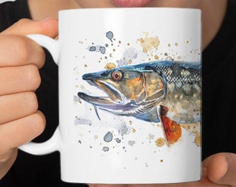 Pike watercolor cup - powerful fish motif cup - 330ml/440ml for anglers and nature enthusiasts