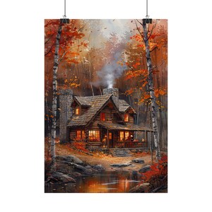 Acogedora cabaña de troncos en el bosque otoñal - Póster artístico en acuarela, 4 tamaños, mate/brillante