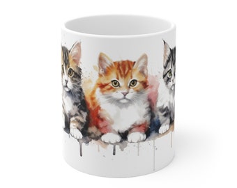 Three Little Kittens Mug - Cute Cat Watercolor Mug - Selectable Sizes 330ml/440ml for Cat Lovers and Animal Lovers