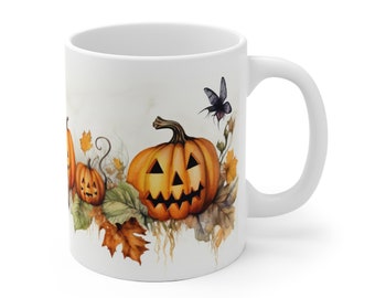 Halloween Magic: White Ceramic Mug with Autumn Watercolor Motif