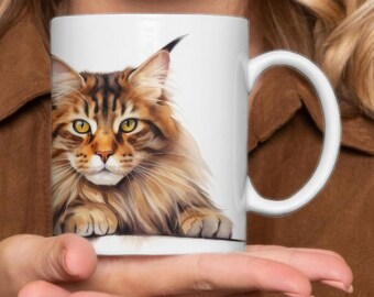 Maine Coon Cat Watercolor Mug - Elegant Cat Motif Mug - 330ml/440ml for Cat Lovers and Art Enthusiasts