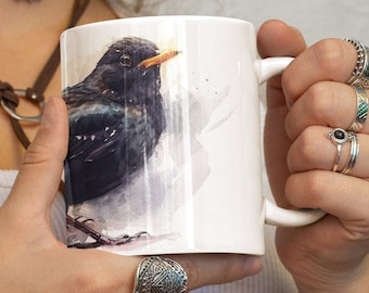 Mok met waterverfprint van een merel - Charmante mok met vogelmotief - 330 ml/440 ml voor vogelliefhebbers en natuurliefhebbers