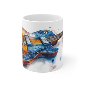 Ceramic mug with Les Paul Sunburst Blue watercolor design - 330 ml or 440 ml - Microwave and dishwasher safe