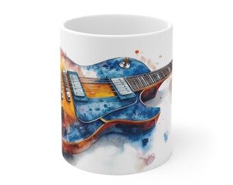 Ceramic mug with Les Paul Sunburst Blue watercolor design - 330 ml or 440 ml - Microwave and dishwasher safe