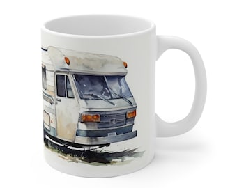 White ceramic mug - camper van in watercolor style - perfect gift for camping lovers