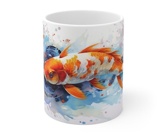 White mug with orange koi fish watercolor print | 330ml | Perfect gift for koi carp and fish lovers