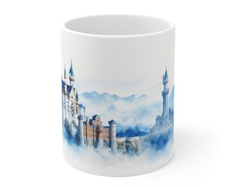 White mug with watercolor Neuschwanstein Bavaria Germany motif. Magical gift for travel enthusiasts and travelers.