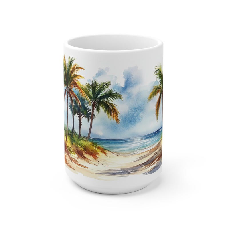 Taza con diseño de playa y palmeras - Apta para microondas, taza de café con motivo playero, asa ergonómica en forma de C, regalo ideal para amantes de la playa. imagen 2