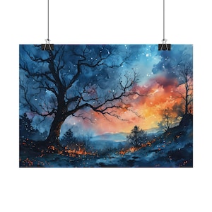 Póster Árbol al atardecer en otoño - Silueta sin hojas, 4 tamaños, mate/brillante