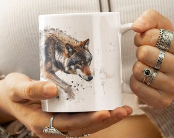Watercolor Wolf Mug - Ceramic, Microwaveable, 330ml/440ml, Mystical Wolf Design