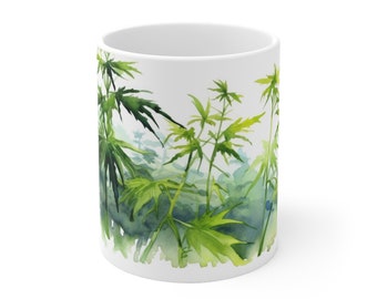 Cannabis Plant Watercolor Mug - Relaxing Hemp Leaf Design Mug - Selectable Sizes 330ml/440ml for Nature and Plant Lovers