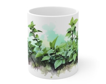 Mintgroene mok met aquarelprint - Mok met fris kruidendesign - Verkrijgbaar in 330 ml/440 ml voor theeliefhebbers en kruidenfanaten.