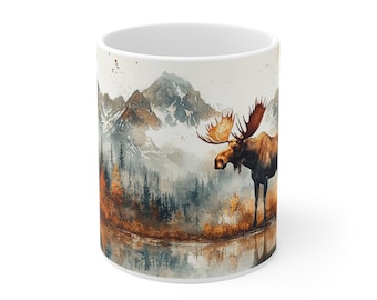 Watercolor mug with moose in the Yukon Mountains - nature motif coffee mug, available in 330 ml & 440 ml
