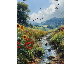 Flowering meadow with sunflowers poster - stream in sunshine, 4 sizes, matte/gloss