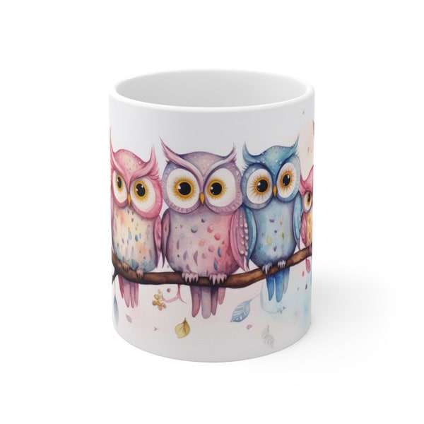 Eulen Aquarell Tasse - Kinderfreundliches Vogel Design Becher - Wählbare Größen 330ml/440ml für junge Naturentdecker