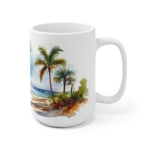 Taza con diseño de playa y palmeras - Apta para microondas, taza de café con motivo playero, asa ergonómica en forma de C, regalo ideal para amantes de la playa. imagen 4