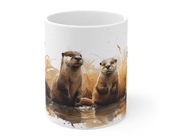 Keramische mok met Europese ottermotief en aquarelverf - 330 ml/440 ml