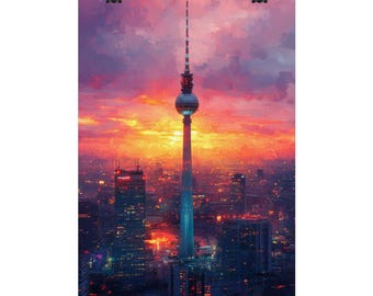 Berlin TV Tower at sunset - Watercolor art poster, 4 sizes, matte/gloss