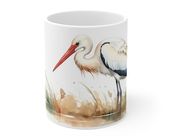 Mok met ooievaarmotief in aquarel - Elegante mok met vogeldesign - 330 ml/440 ml voor natuur- en vogelliefhebbers