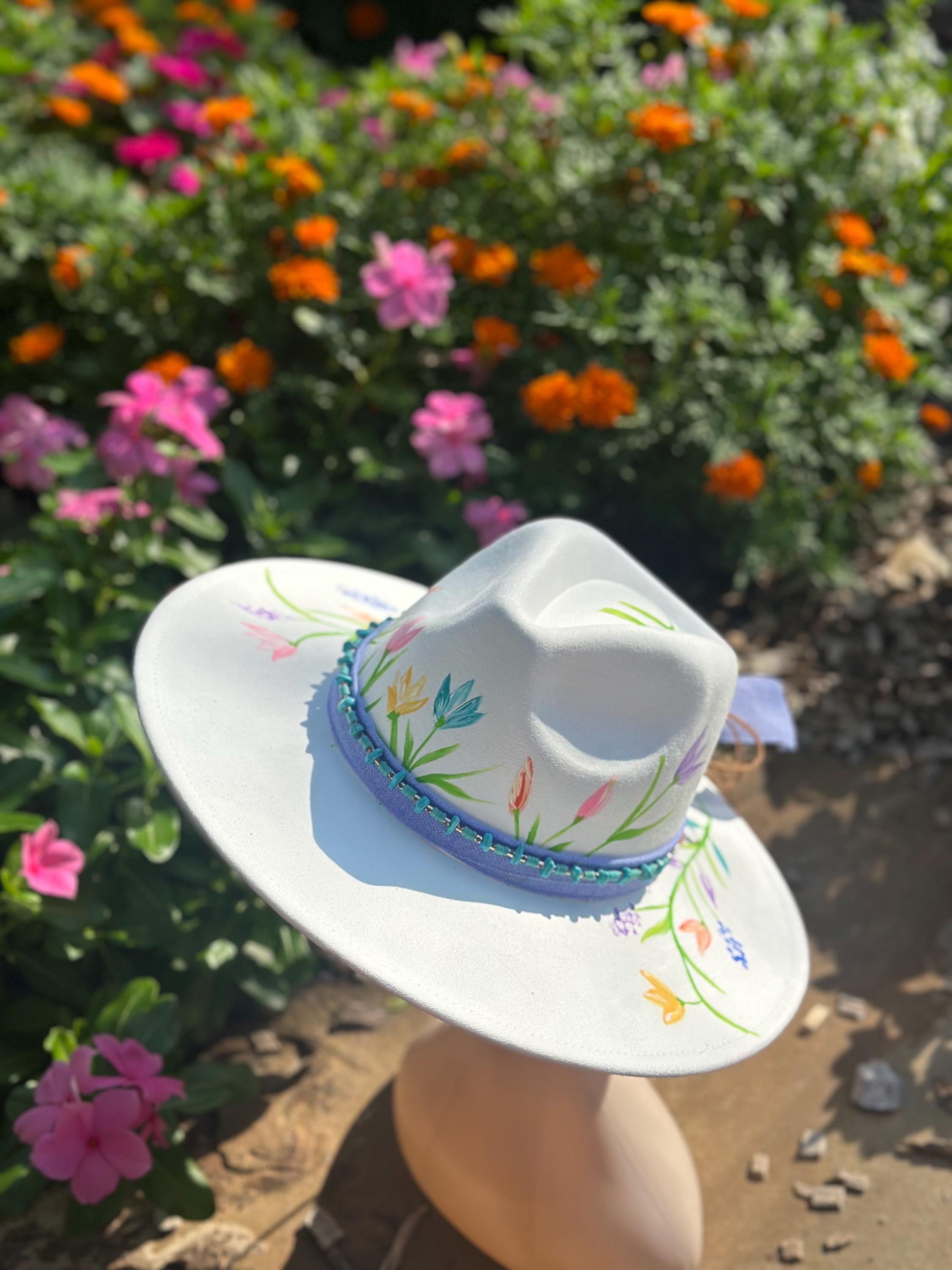 Hand painted custom floral wide brim fedora Hand Painted Floral Fedora Hat, Wide Brim Rancher Hat - Etsy main image 3