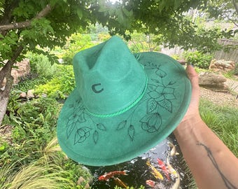 Hand Burned Wide Brim Felt Fedora Hat For Women, Hippie Rancher Hat, Western Hat, Bride Hat, Boho Hat, Burnt Hat, Bride Floral Fedora Hat.