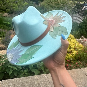 Handgebrannter und bemalter Fedora-Hut mit breiter Krempe für Frauen, Hippie-Rancher-Hut, Westernhut, Brauthut, Boho-Hut, Braut-Fedora-Hut