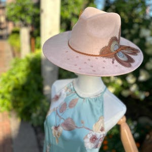 Hand-Painted & Burned Suede Fedora – Custom Floral Design, Artisan Hat for Women, Boho Western Style, One-of-a-Kind Statement Accessory