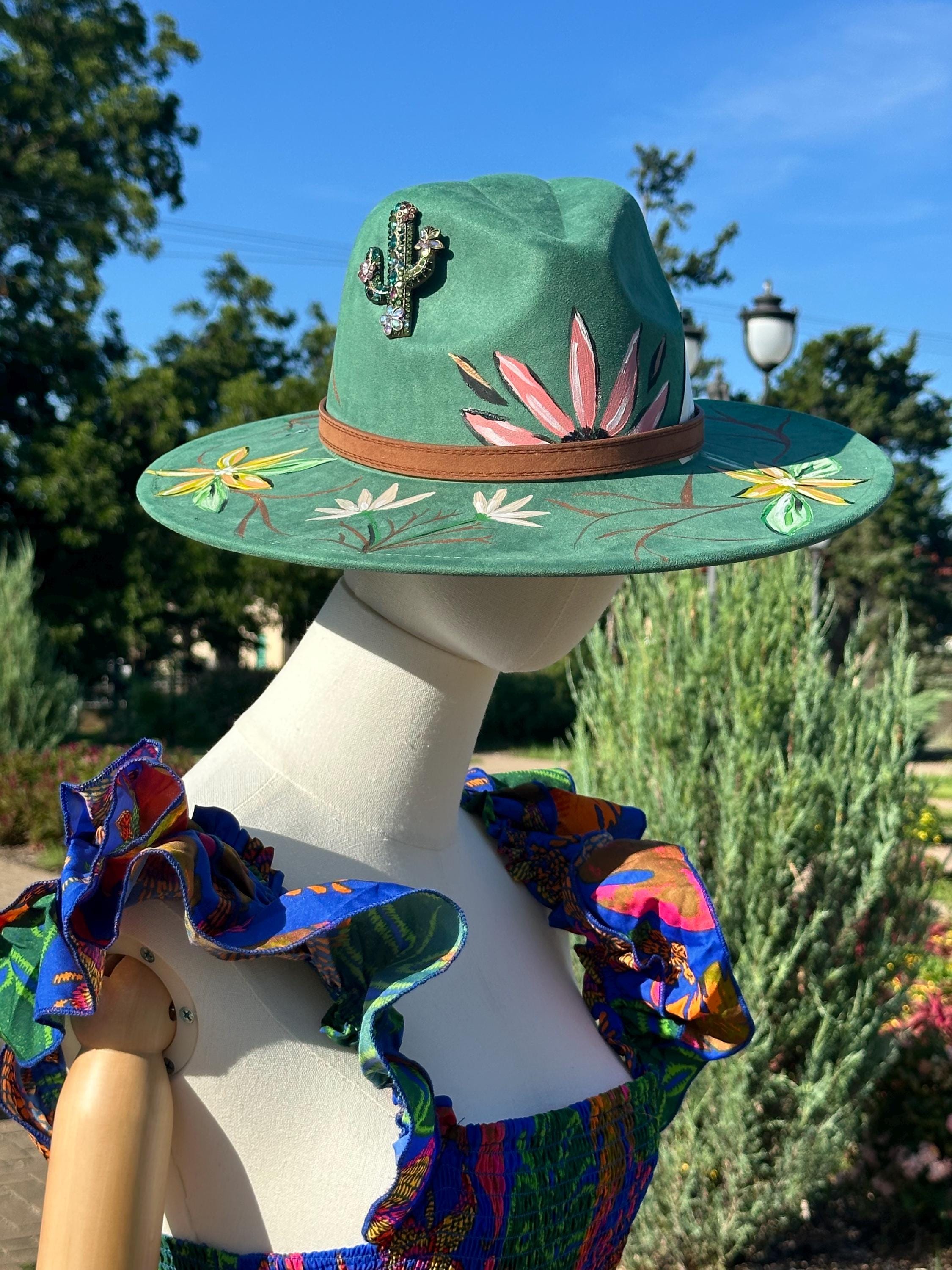 Hand-painted Floral Fedora Hat, Green Suede-texture, Western 