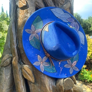 Hand Painted and Hand Burned Blue Fedora Hat – Boho Floral Wide Brim – Unique Artisan Festival Hat