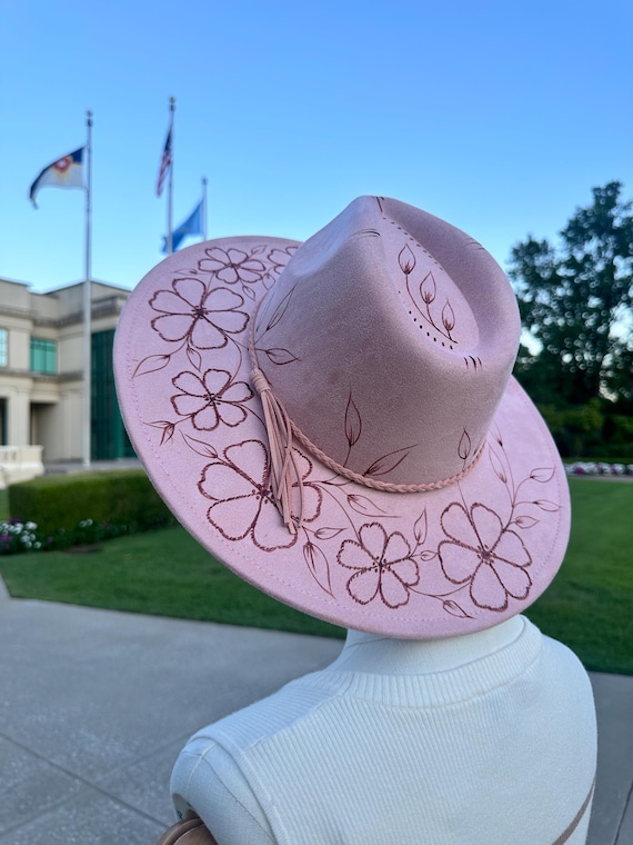 Hand Burned Floral Western Hat, Peach Suede Fedora. Mother