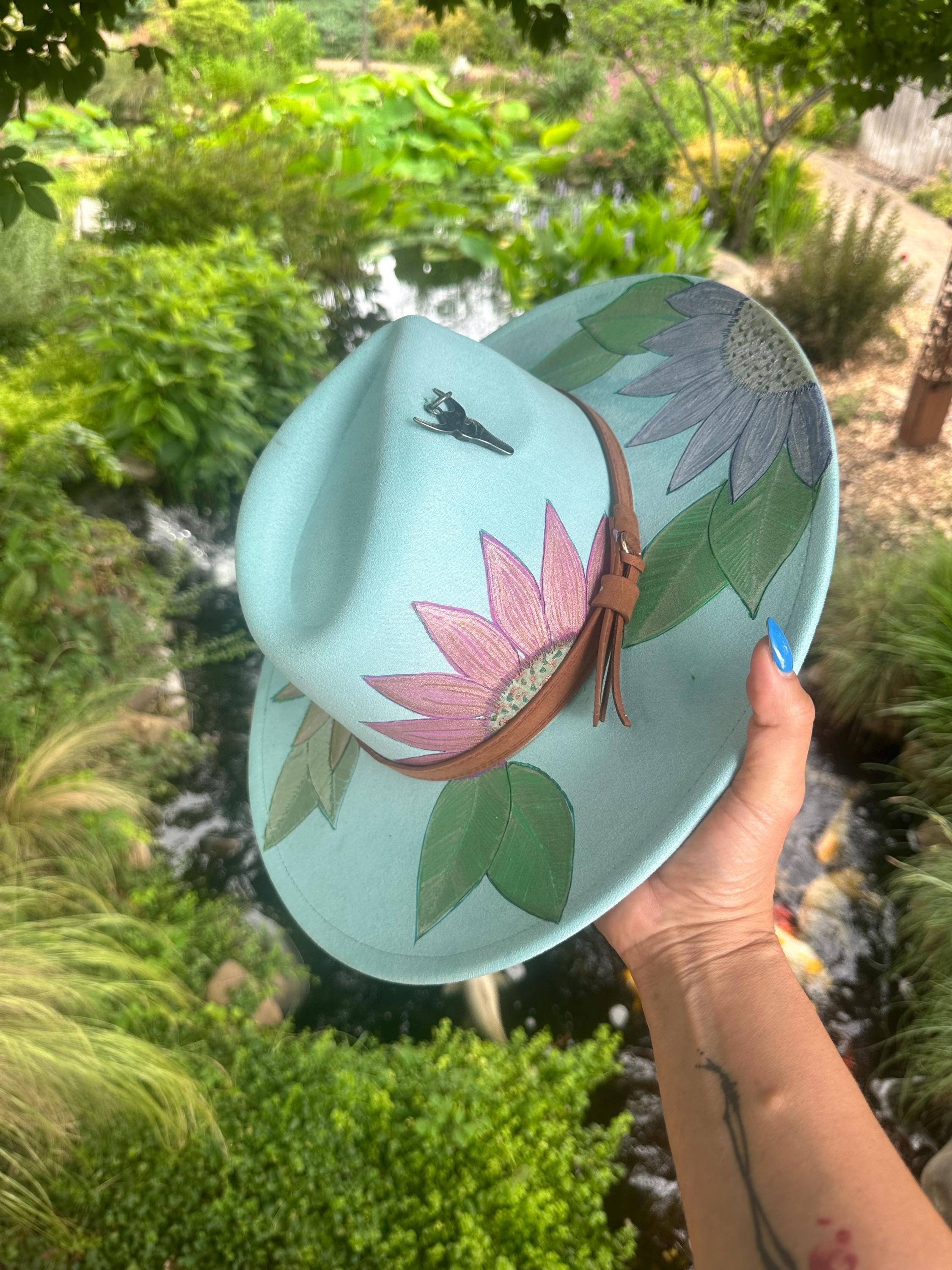Hand-painted Floral Felt Fedora, Mint Green Western Rancher  display picture 3