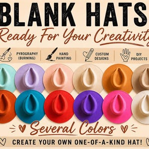 Puede incluir: Una colección de doce sombreros fedora de fieltro en varios colores sólidos, incluyendo verde azulado, lavanda, melocotón, beige, naranja, bronceado, óxido, azul, rojo, morado, rosa y blanco, dispuestos en dos filas con el texto BLANK HATS.