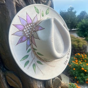 Hand Painted & Hand Burned Fedora – Suede Wide Brim Hat – Boho Floral Hat