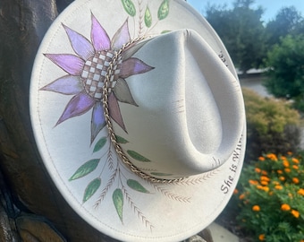 Handbemalte Blumen Fedora - Wildleder Boho Hut mit breiter Krempe