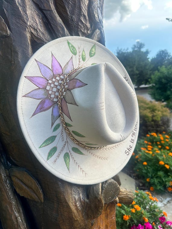 Hand-painted Floral Fedora – Suede Wide Brim Boho Hat - Etsy  display picture 1