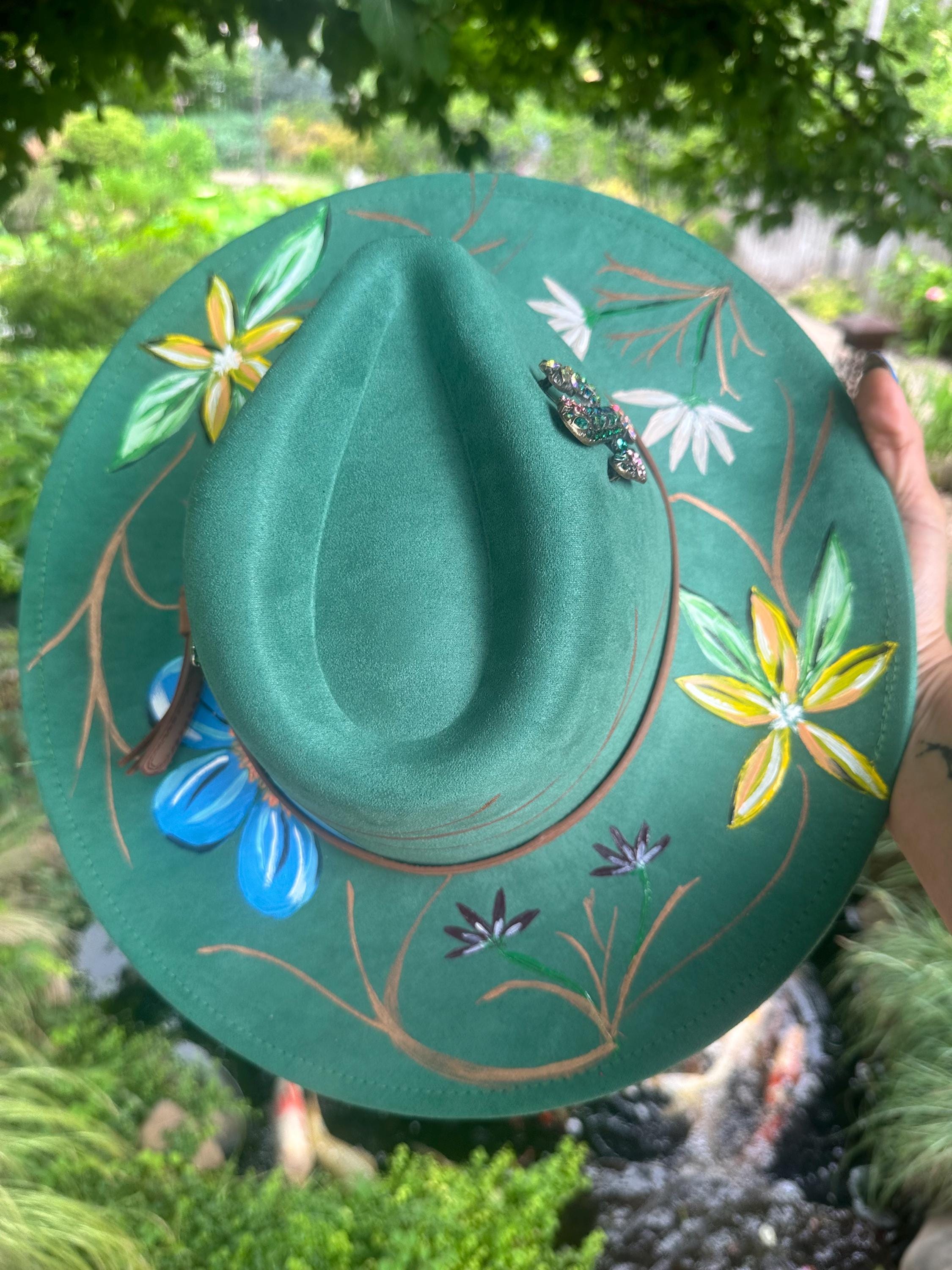 Hand-painted Floral Fedora Hat, Green Suede-texture, Western  display picture 2