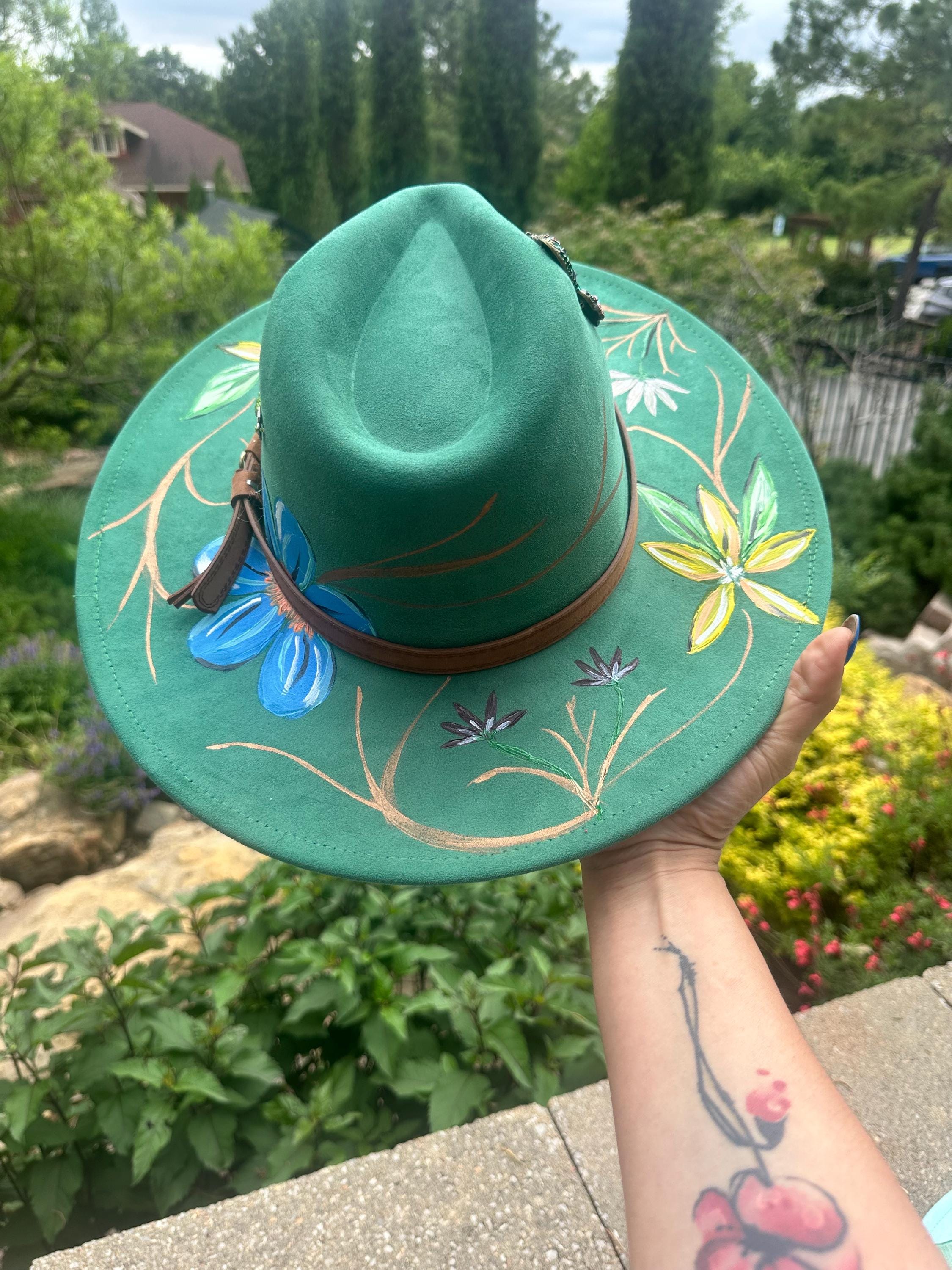 Hand-painted Floral Fedora Hat, Green Suede-texture, Western  display picture 3