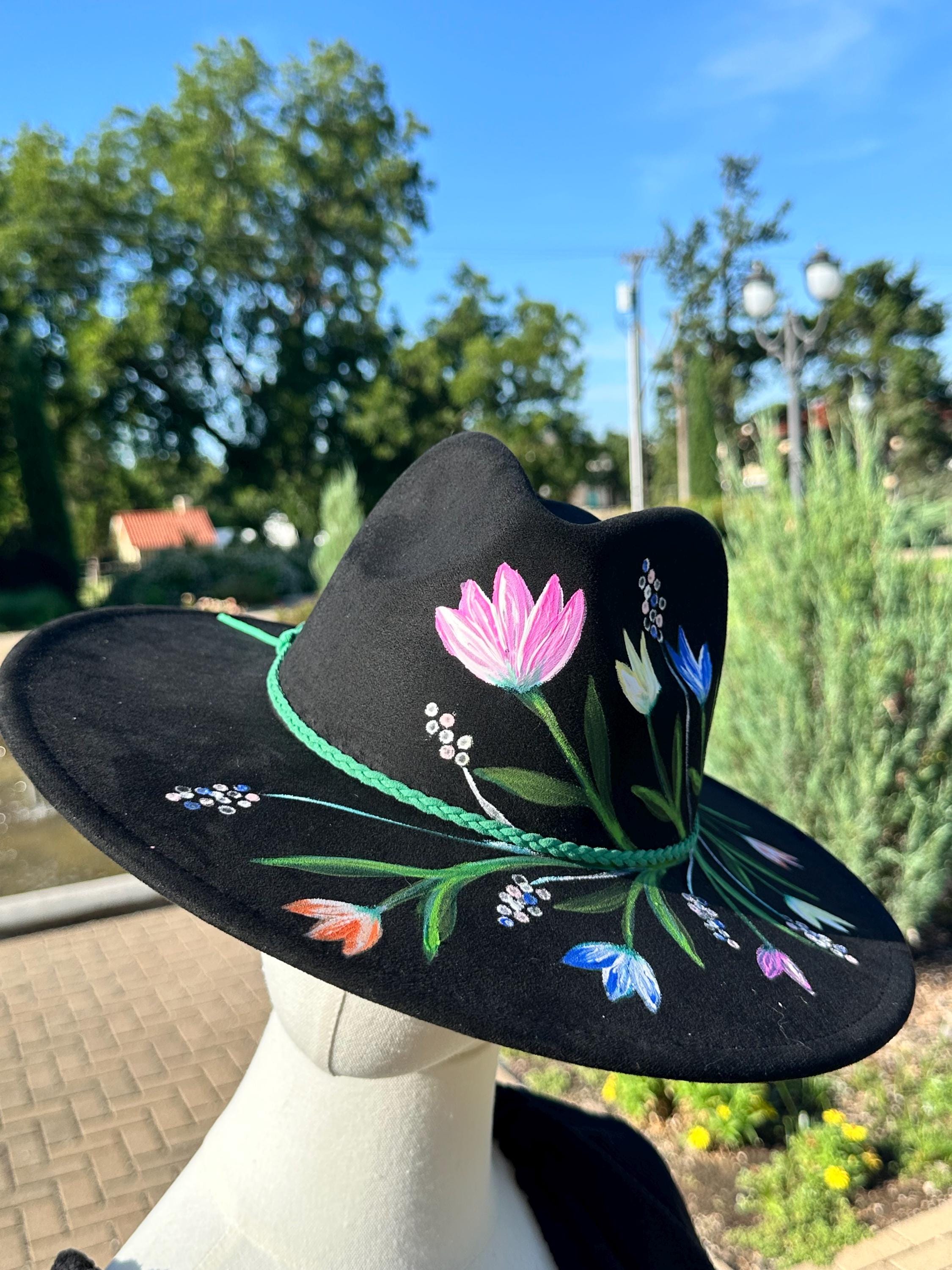 Hand Painted Floral Fedora Hat, Wide Brim Rancher Hat - Etsy