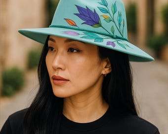 Teal Turquoise Sunflower Floral Hat Hand Burned Cowboy Hat  display picture 2