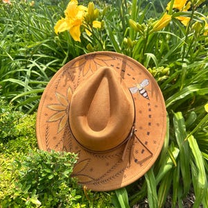 Hand-Painted & Burned Suede Fedora – Custom Floral Design, Artisan Hat for Women, Boho Western Style, One-of-a-Kind Statement Accessory