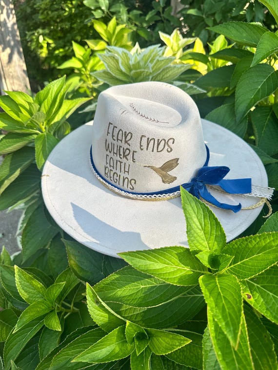 Hand Burned Felt Fedora Hat, Wide Brim, Western Boho Bride  display picture 1