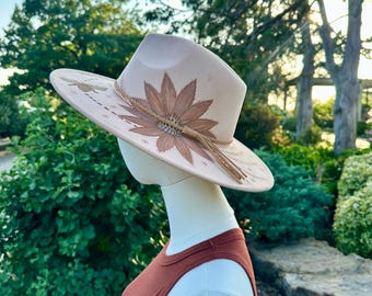 Boho Western Fedora Hat – Hand Burned Hand Painted Wide Brim Felt Hat, Bride Cowgirl Hat, Floral Rancher Hat, Painted Hippie Hat, Boho Bride