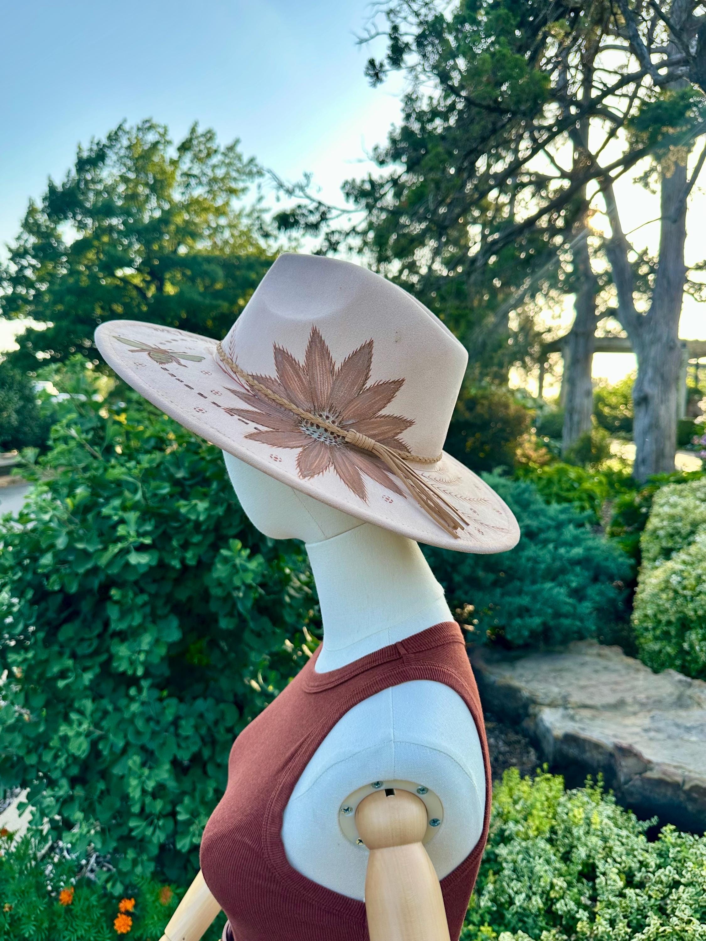 Handcrafted Tan Custom Wood Burned Floral Wide Brim Fedora Boho Western Hat Get ready to level up your style with my new tan fedora hat  main image 4