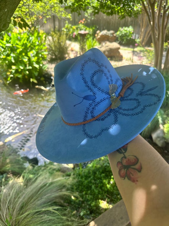Hand Burned Blue Fedora Hat, Western Floral, Boho Rancher - Etsy display picture 1